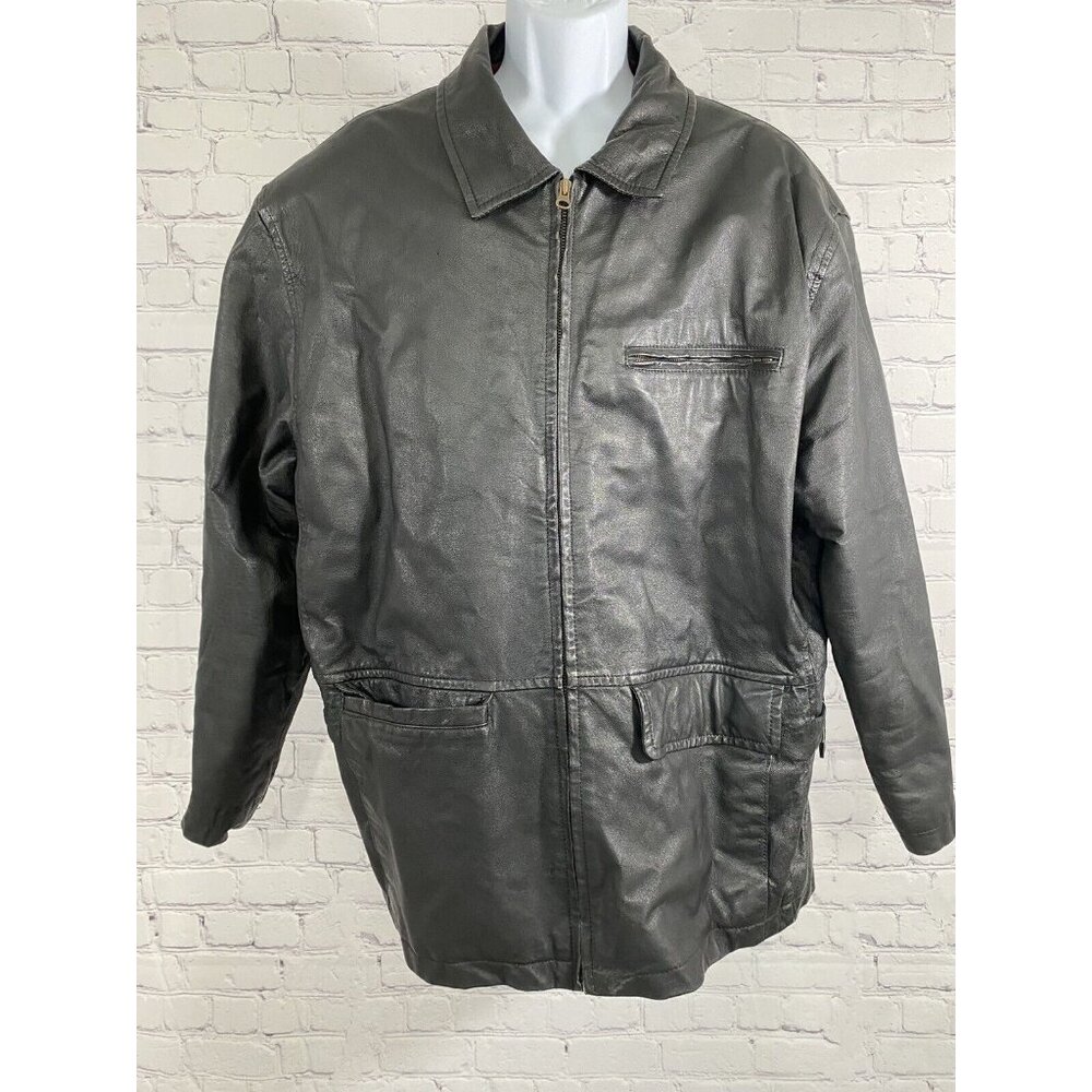 Joshua Ross Black 100% Leather Zip Up Jacket Pockets Buckle Accents L Large